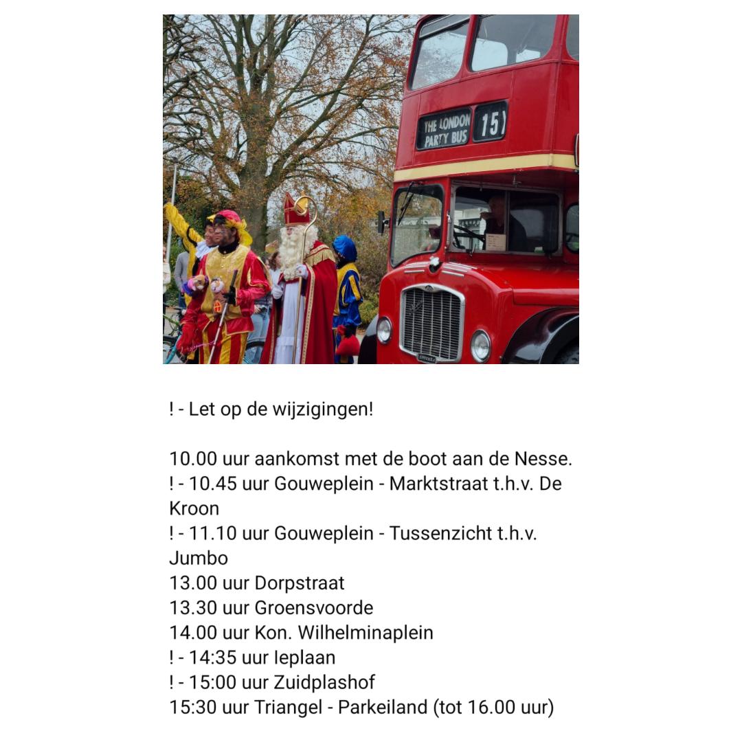 Komende zaterdag is het weer zover: #Sinterklaas komt naar #Waddinxveen. Zoals ieder jaar maakt hij met zijn Pieten een tour door de gemeente. Wij, als politieteam, zijn uiteraard aanwezig voor het toezicht.  
Maar let op: de route is gewijzigd.