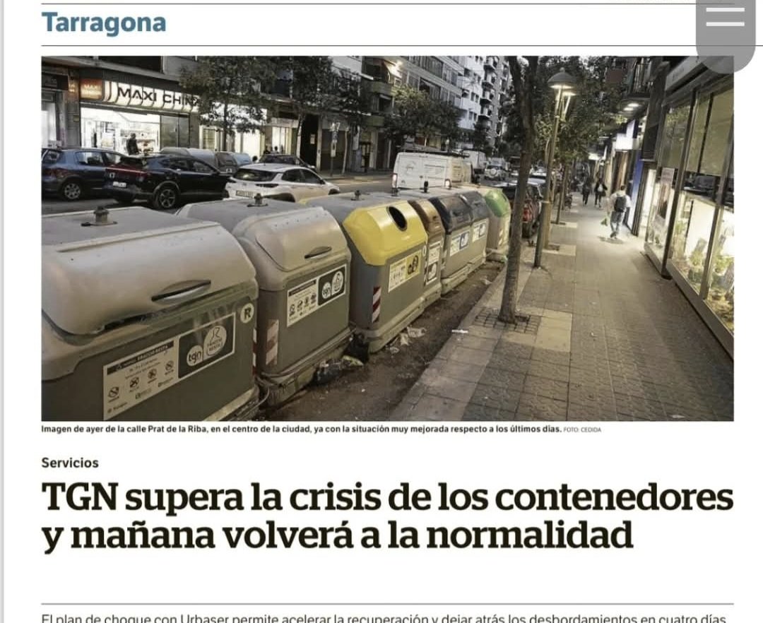 #tarragonabruta
Nos levantamos con esta noticia 🤦‍♀️
Nosotros no queremos volver a la "normalidad",  su normalidad no limpia ni higieniza, nosotros EXIGIMOS una ciudad, calles, parques y contenedores limpios pero también higiénicos y eso, NO lo hemos tenido nunca 👇