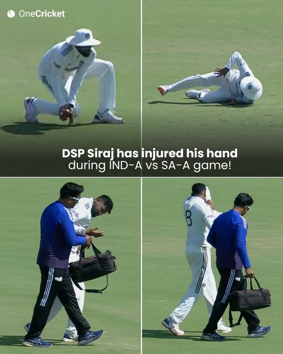 OneCricketApp's tweet image. 🚨 Another injury concern for India A! 

Siraj now walks off holding his right hand after a blow at mid-on, joining Pant in the dressing room! 🇮🇳🤕

Hope, it&apos;s not too serious! 🤞🏻

#INDvsSA #Cricket #MohammedSiraj #Test | 📸 : JioStar
