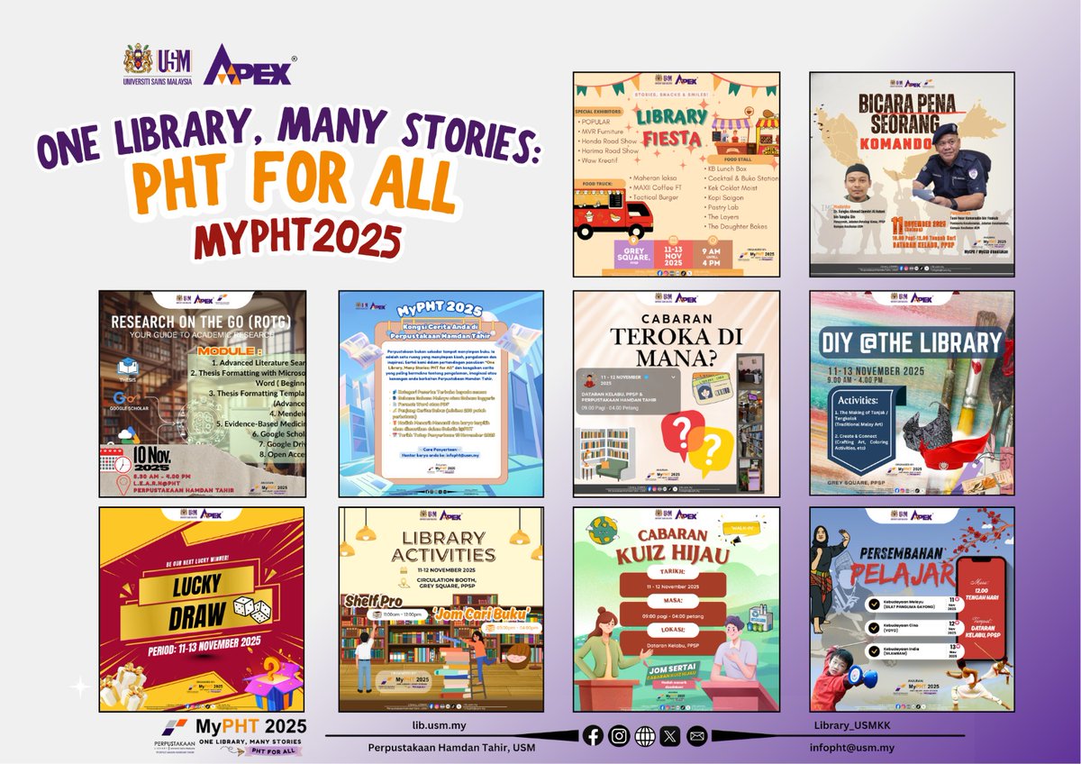 Library_USMKK's tweet image. ANNOUNCEMENT!
Don’t forget! 🌟MyPHT 2025 kicks off tomorrow with our first exciting program - Research On The Go (ROTG)🗓 Date: 10 November 2025
🕐 Time: 2.00 – 4.00 PM
📍 Venue: L.E.A.R.N.@PHT
Join us and start an amazing week full of fun and engaging activities at MyPHT 2025