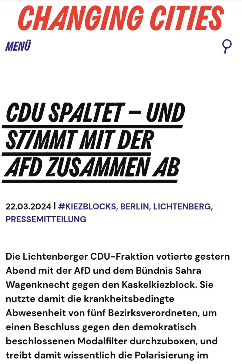 Für "klimaangepasste Umgestaltung" von Straßen stimmen Grüne gern gemeinsam mit AfD ab. Wenn die CDU das gleiche tut, wie letztes Jahr in Lichtenberg, gibt es großen Aufschrei bei Changing Cities. Dieses Jahr nicht.