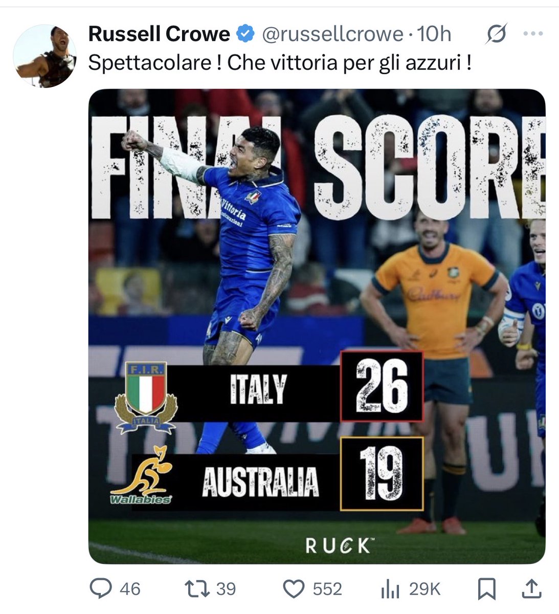 RugbyIta's tweet photo. #ITAvAUS Italia strepitosa nella Quilter Nations Series: battuta lโAustralia 26-19! Emozione pura per i nostri azzurri! #RugbyItaly #QuilterNS #QCNS https://t.co/jjAQCdsa3v