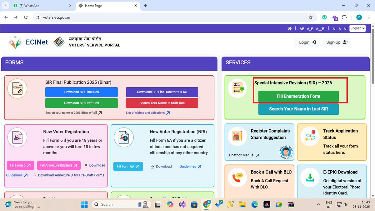 CollectorAhd's tweet photo. Online filling of ' enumeration form ' has been enabled. 

Online form link here: https://t.co/hHDy8uuF5E

Click on the link, go to the services tab, two options available- fill online enumeration form &amp; search name in last SIR.

#SIR
#ElectoralRoll https://t.co/gE6ZXqJ8E4