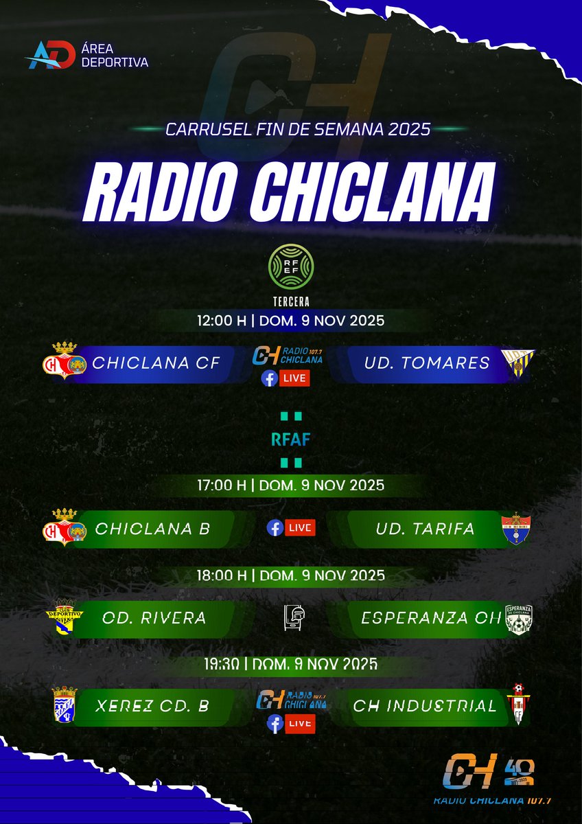 Hoy el Carrusel de #ÁreaDeportiva comienza a las 11:45 y acaba a las 21:45 horas.
Con Juan Ureba, <a href="/marcosramirez_D/">Marcos Ramírez | Área Deportiva</a>, <a href="/PepeOrtega___/">Pepe Ortega</a> , Oliver Fernández y Enrique J. Brenes. 

radiochiclana.es | 107.7 FM | #FBLive en facebook.com/share/1ALvkCpE…