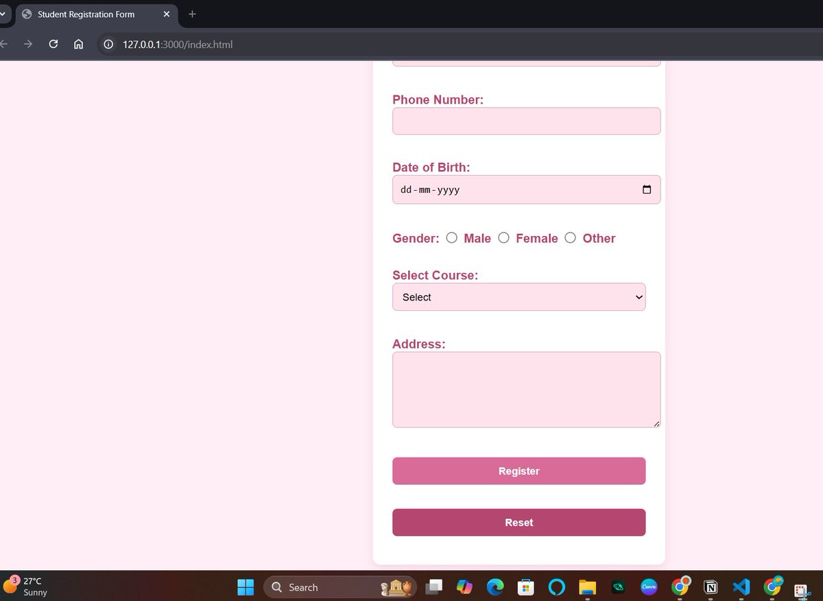 rawaniruchi's tweet image. Created this registration form using html and added css using chatgpt. On my way to create more basic projects using html!
#CodeNewbie #WebDevelopment #HTML5 #CSS3 #DevCommunity