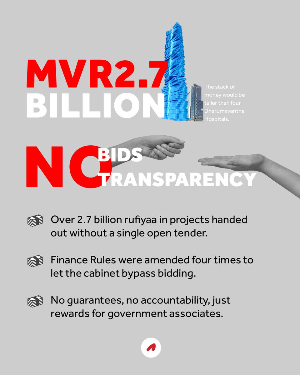 AdhadhuMV's tweet photo. MVR 2.7 Billion in projects handed out with no bidding or oversight. Rules were changed to benefit governmentt allies, with loans forced through BML. If companies fail, the public pays. https://t.co/tQbrVEMq5k