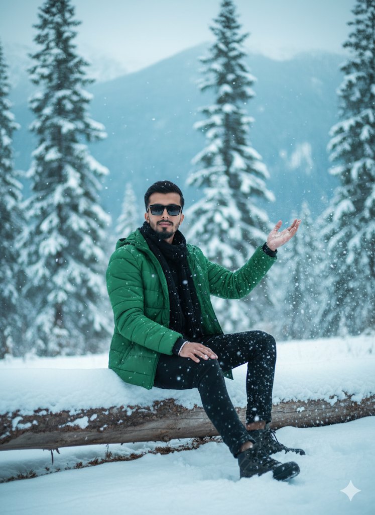 monjurul459's tweet photo. A stylish young man with a trimmed beard and dark styled hair, sitting confidently on a snow-covered log in a winter landscape. He wears black sunglasses, a dark outfit with a black scarf, and a green jacket. His pose is relaxed yet powerful, with one hand resting on his leg and https://t.co/Sn9i5HnsZ4