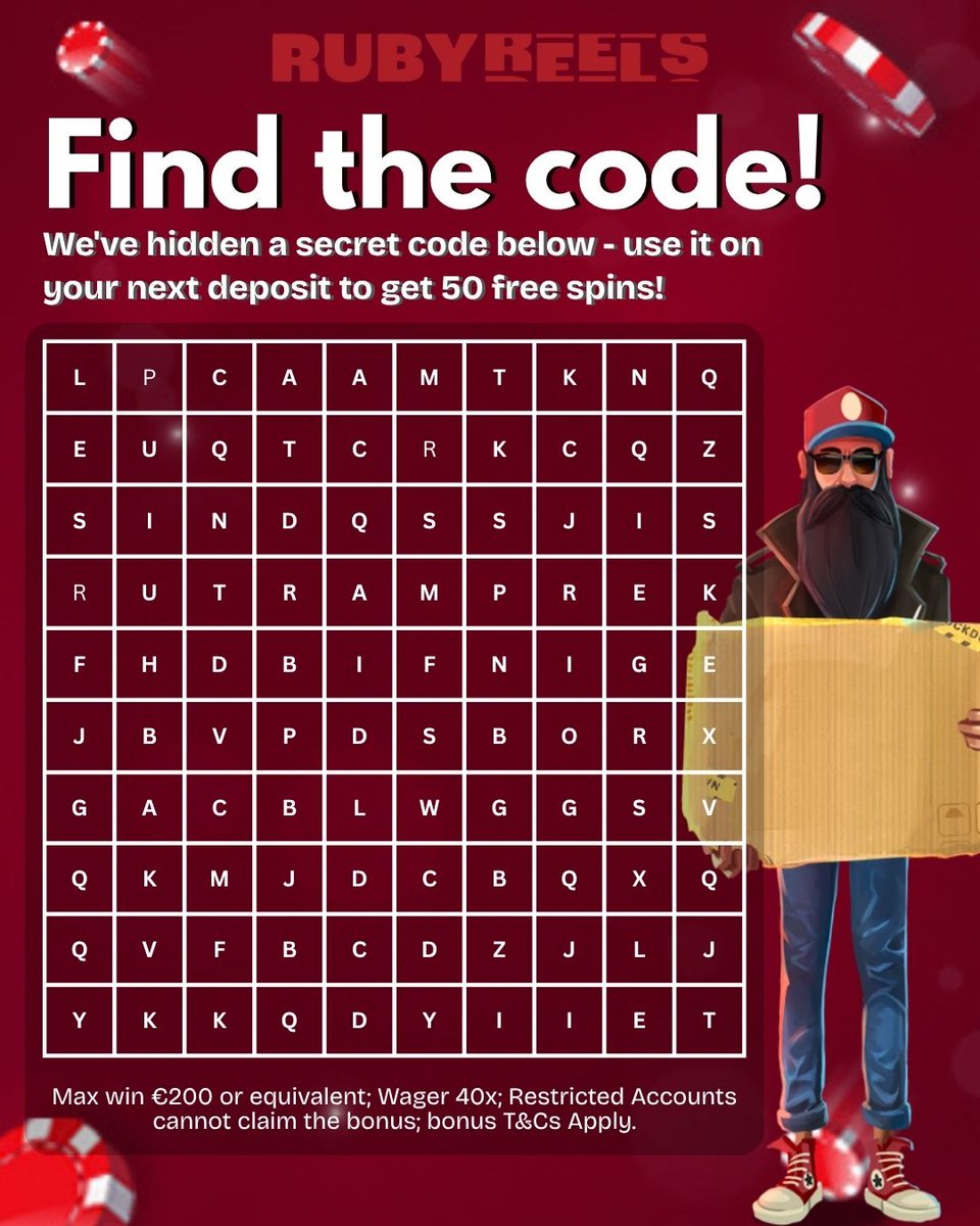 RubyReelsCasino's tweet image. 🔍 Find the secret code &amp;amp; grab 50 FREE spins! 🎰Spot the hidden word in the puzzle and use it on your next deposit 💥

Can you crack it? 👀
#RubyReels #FindTheCode #FreeSpins #BonusTime #CasinoFun