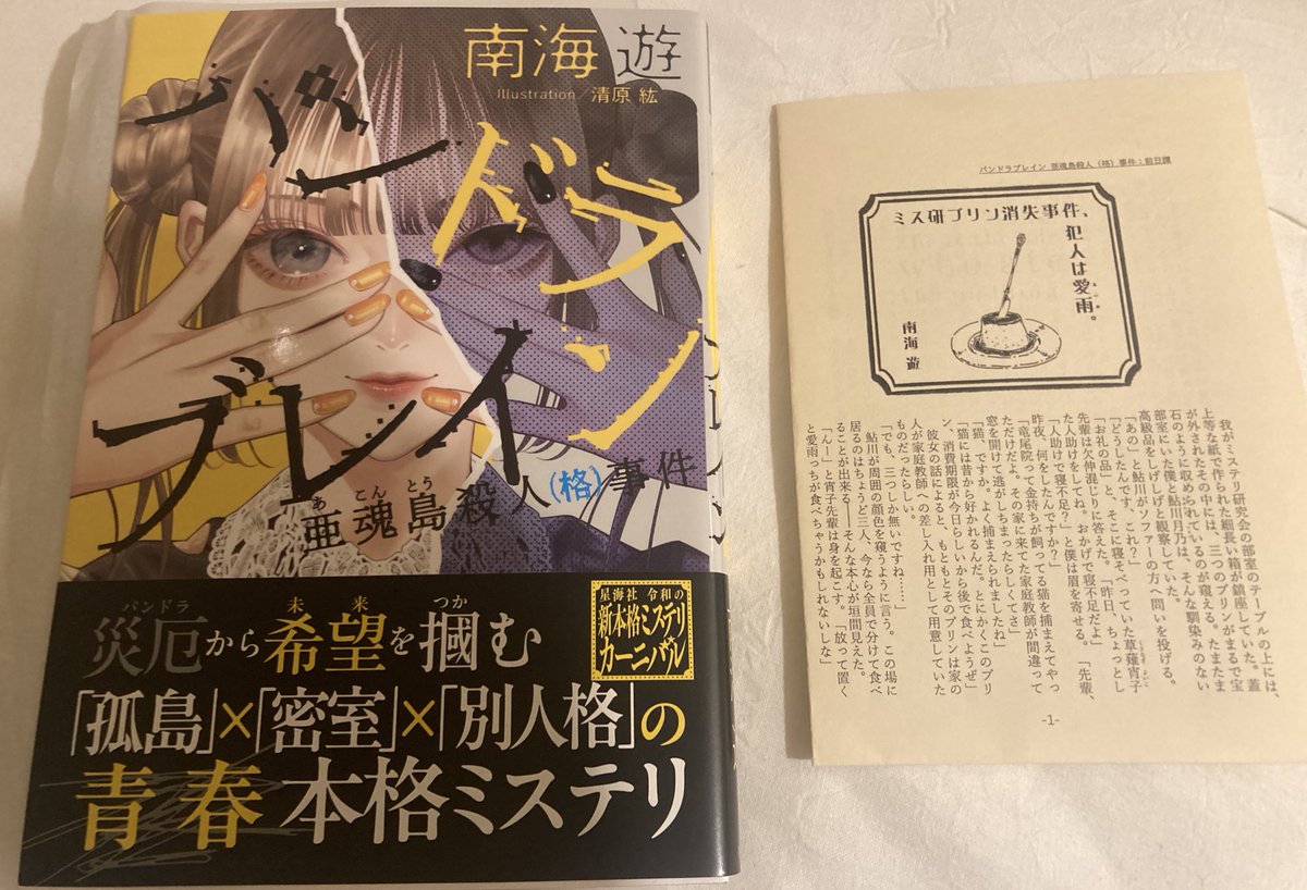 南海遊先生
『パンドラブレイン 亜魂島殺人(格)事件』

引用の前回同様特典が付くということで迷わず初手でブースへ。
ありがたいことに2冊とも為書き有りでサイン本を持っているので今回はサインのみいただきました。
早速特典読了。並んでよかった……最高……
