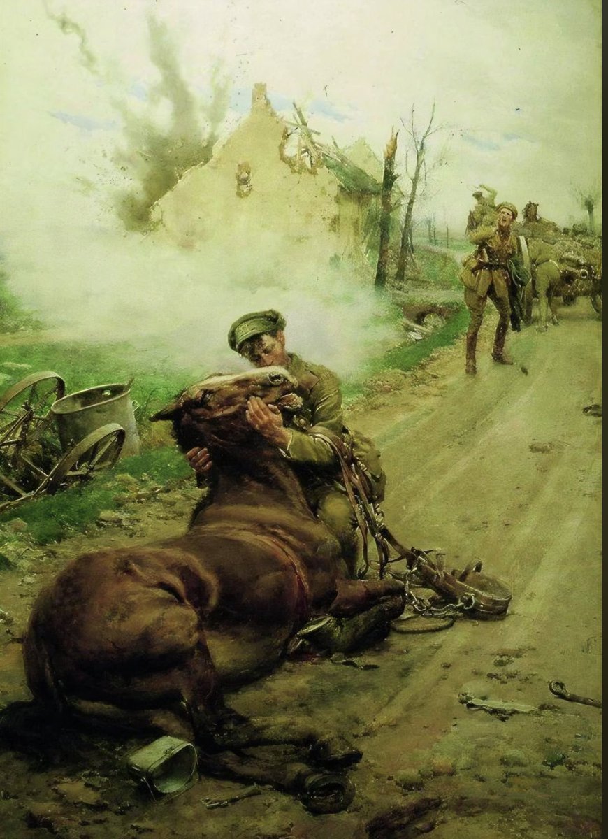 domdyer70's tweet image. Lest We Forget  🌺 ⚔️ 🐴
Commissioned in 1916, &apos;Goodbye Old Man&apos; depicts a British soldier saying fairwell to his dying horse.
Over 484,000 horses lost their lives during WW2. If you add donkeys and mules to the figure it rises to some 8 million. 
We will remember them. 🌺🇬🇧