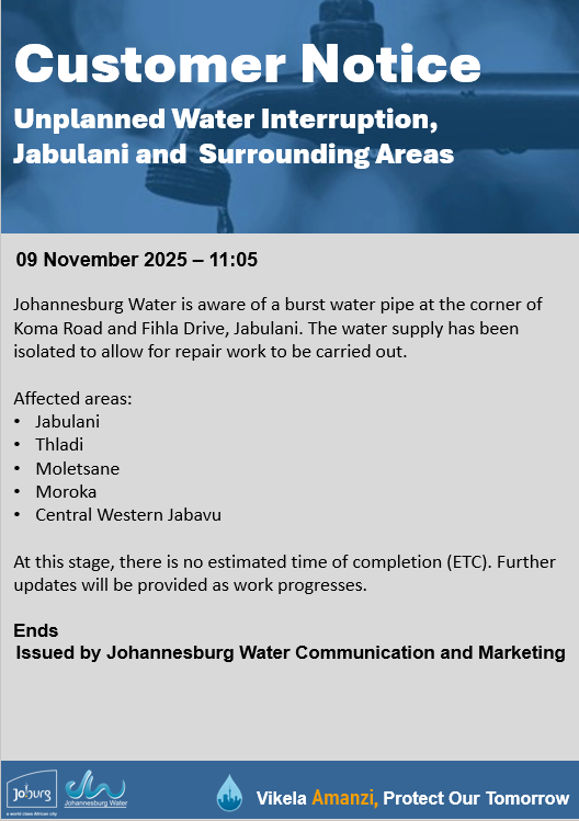 JHBWater's tweet photo. #JoburgUpdates
#UnplannedWaterInterruption,
#Jabulani and Surrounding Areas ^A https://t.co/TuVvaLbTMv