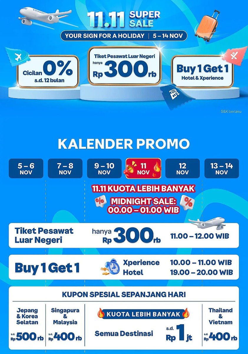 updatekd's tweet image. Your Sign for a Holiday muncul tiap liat banner biru Traveloka 😭 pas banget 11.11 Super Sale ada promo tiket pesawat luar negeri harga mulai 300ribuan! Udah include cicilan 0% pula. Gak mikir dua kali deh #Traveloka1111Sale