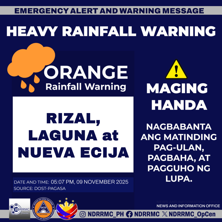 NDRRMC_OpCen's tweet image. Maging alerto mga lalawigan ng #Rizal, #Laguna at #NuevaEcija!

NDRRMC(5:07PM,09Nov25) Orange Rainfall Warning sa Rizal, Laguna at Nueva Ecija. Nagbabanta ang matinding pag-ulan, pagbaha at pagguho ng lupa.

#NDRRMC
#BawatSegundoMahalaga
#UwanPH