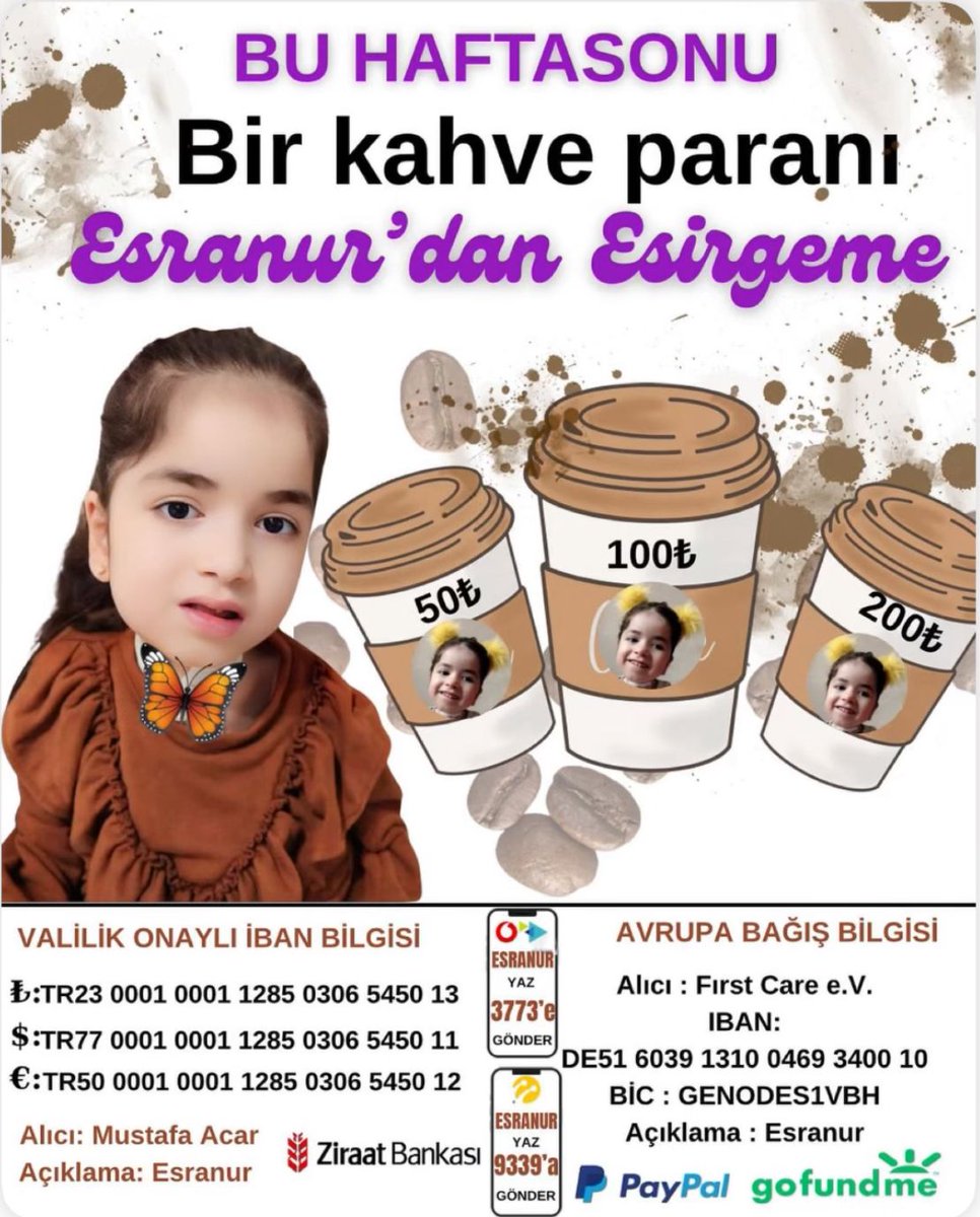 BU HAFTASONU 
BİR KAHVE PARANI
ESRANUR'DAN ESİRGEME. 
LÜTFEN! 😓❤️🤲