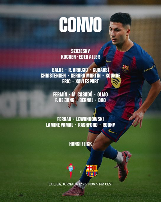 Graphic displays FC Barcelona squad list for Celta Vigo match with coach Hansi Flick at bottom and players including Marc Casado, Eric Garcia, Pau Cubarsi, Gavi, Fermin Lopez, Marc Bernal, Lamine Yamal, Raphinha, Roony at top in blue and red team colors with logos and La Liga branding for 9 November 9 PM CET.