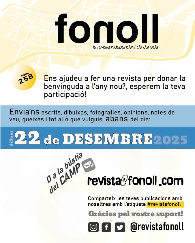 🌿 Estem preparant el #Fonoll258 i volem comptar amb tu! Envia’ns escrits, fotos, dibuixos o opinions abans del 22 de desembre a revista@fonoll.com o a la bústia del CAMP.
Fem junts la revista de Juneda! 💛
#RevistaFonoll #Juneda #FonollInforma