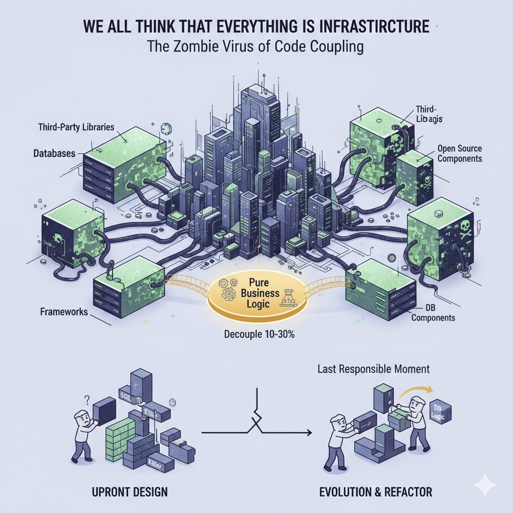Lógica de Negocio vs. el 'Virus Zombi' de la Infraestructura 🧟

¿Está la lógica pura de tu negocio infectada por el "virus zombi" de la infraestructura?

Es fácil acoplarlo todo, especialmente cuando el 70-90% de nuestro código es externo (librerías de terceros). Pero esta