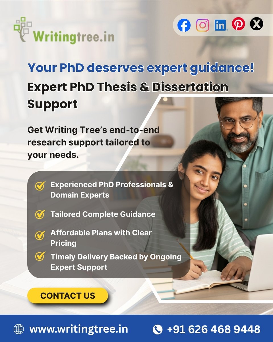 WritingTree1's tweet image. Your PhD deserves expert guidance!
Expert PhD Thesis &amp;amp; Dissertation Writing Support

writingtree.in
wa.me/+916264689448

#phddissertation #dissertationhelp #dissertationwriting #DissertationExperts #PhDWritingServices #WritingAssistance #ThesisWriting #Research