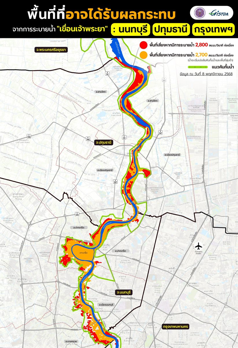 GISTDA's tweet image. GISTDA เผยพื้นที่เสี่ยงน้ำท่วมจากการระบายน้ำเขื่อนเจ้าพระยา: ปทุมธานี นนทบุรี และกรุงเทพฯ &amp;gt;&amp;gt;&amp;gt; gistda.or.th/news_view.php?… 

#GISTDA #อว #space #เทคโนโลยีอวกาศ #เทคโนโลยีภูมิสารสนเทศ #น้ำท่วม #นนทบุรี #ปทุมธานี #กรุงเทพมหานคร