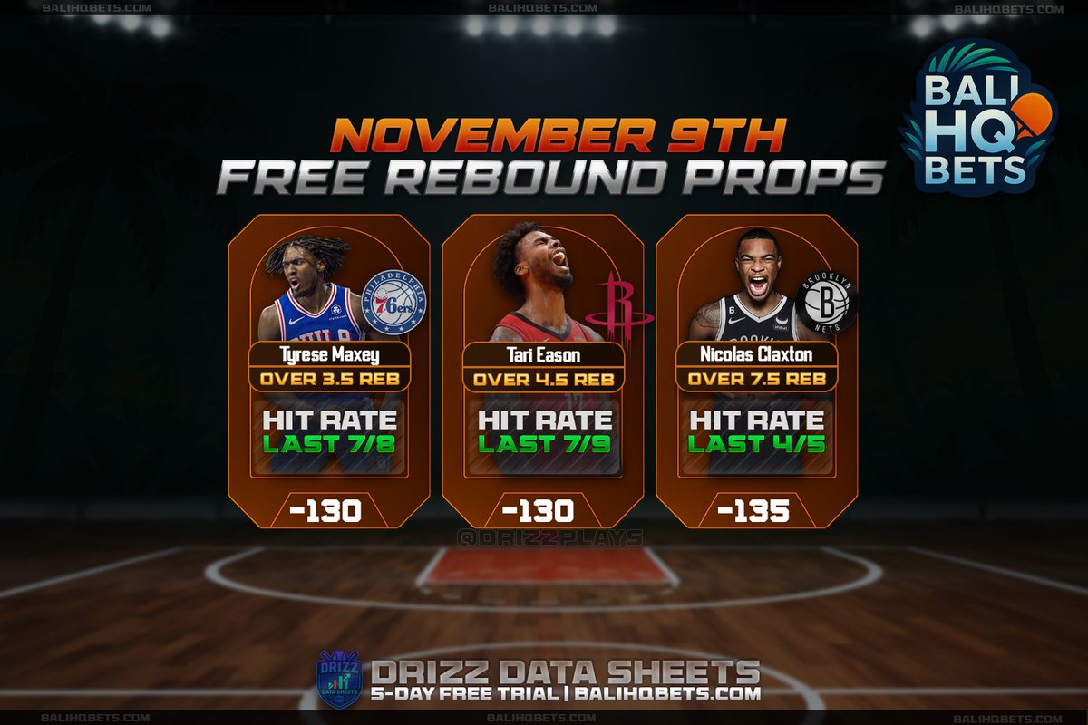 📈 FREE NBA REBOUND PROPS — Nov 9th

🏀 Tyrese Maxey – Over 3.5 rebounds
🏀 Tari Eason – Over 4.5 rebounds
🏀 Nicolas Claxton – Over 7.5 rebounds

Like &amp; RT if you’re tailing! 💰

#NBA #NBAPicks #SportsBettingX #FreePicks