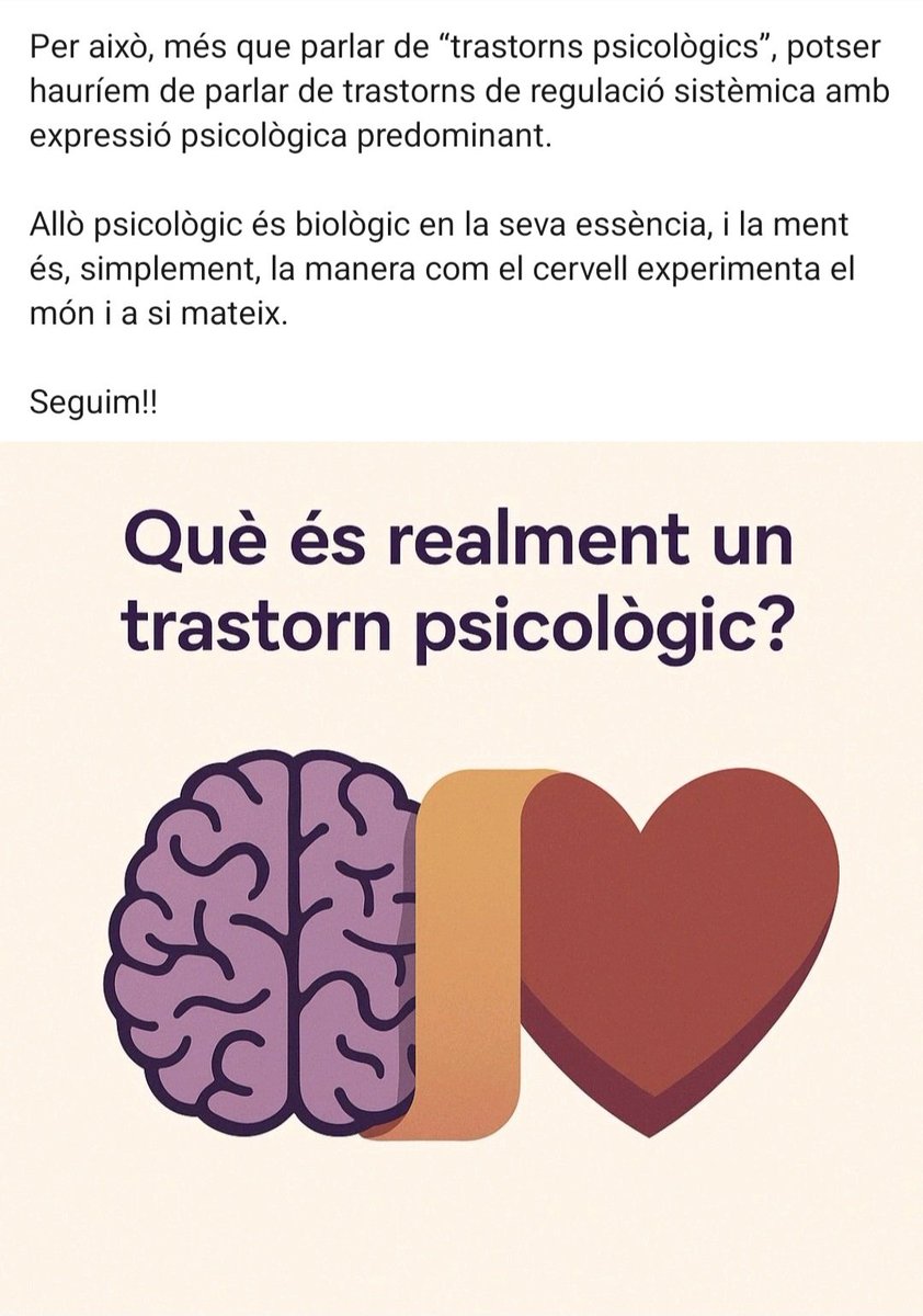 POST 2/3 – El canvi de paradigma: Què és realment un trastorn psicològic?

Un trastorn psicològic no és imaginari ni “només emocional”, és biològic en la seva essència, i la ment és, simplement, la manera com el cervell experimenta el món i a si mateix.

Seguim!!