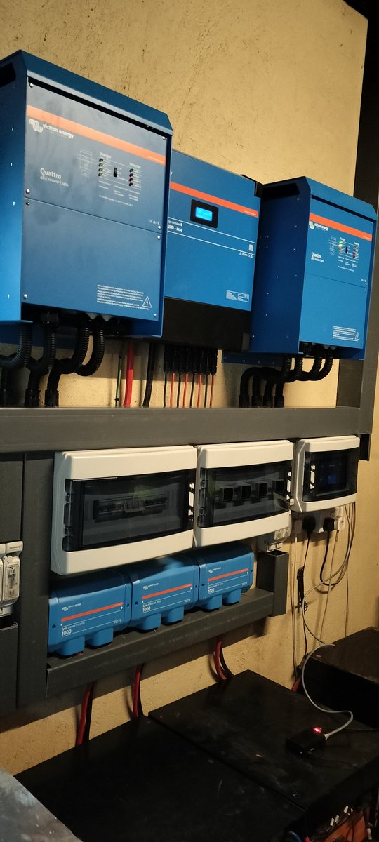 Victron pazvinhu. This is a 20 kva system with 
2×10 KVA Quattro inverters
1×450/200 mppt 
9.6 kwh bank
13.4 kw array