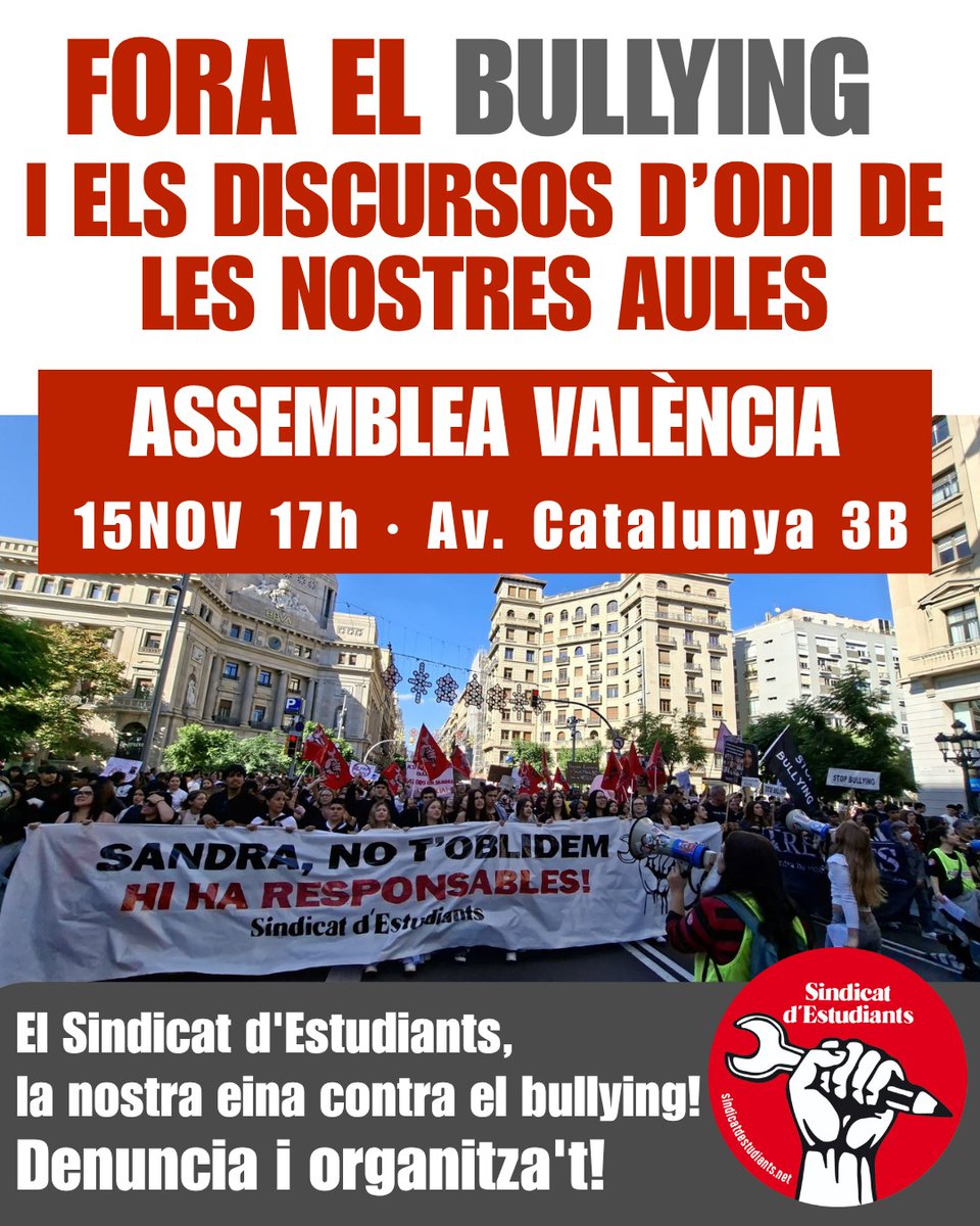 Vine a l’assemblea de dissabte a València per posar fi als discursos d’odi a les aules i als nostres centres.

Després de la vaga del 28O, en què milers ens vam alçar contra l’assetjament escolar, fem un pas més: farem de cada centre una fortalesa contra el bullying.