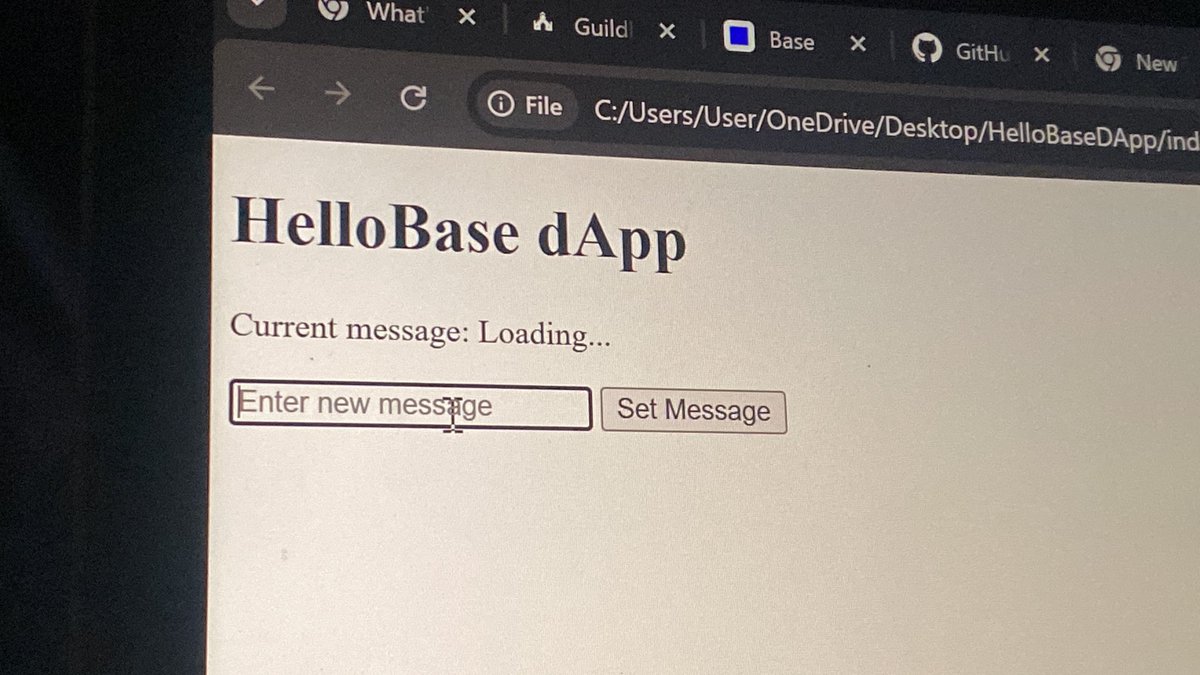 gltch999's tweet image. built my first dApp ever and it’s on @base ..  ‘ Hello Base ‘ .. it was quite simple .. still have some minor issues which I’d perfect soon .. #BlockchainDevelopment
