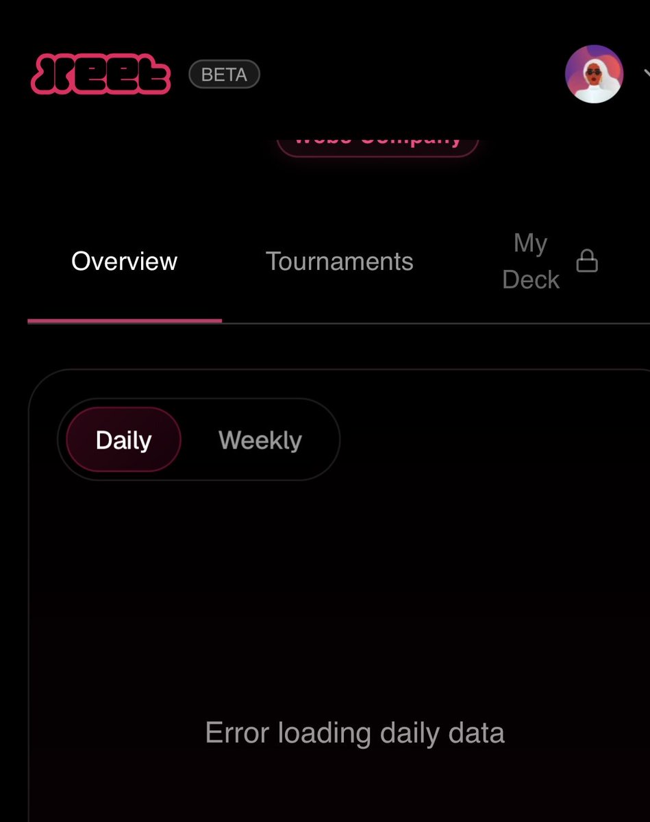 ClaudiaDanila's tweet image. Getting “error loading daily data” on @xeetdotai 😕

My XEET totals are fine, but the platform isn’t updating daily stats correctly. 

Anyone else?

💡 #XeetAI #CryptoIssues #SocialFi #Web3 #Blockchain