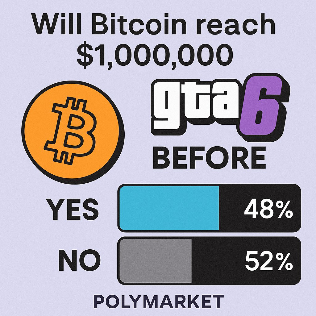 🥸🚀According to Polymarket, there is a 48% chance that Bitcoin will reach $1,000,000 before the release of GTA 6.
<a href="/Polymarket/">Polymarket</a>