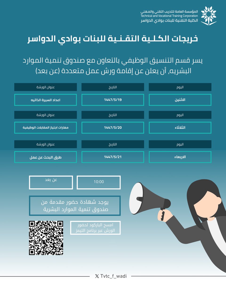 يعلن قسم التنسيق الوظيفي بالكلية التقنية للبنات بوادي الدواسر، بالتعاون مع صندوق تنمية الموارد البشرية، عن إقامة ورش عمل (عن بعد) للخريجات من 19–21 / 5 / 1447هـ الساعة 10 صباحًا.

🔹 إعداد السيرة الذاتية
🔹 مهارات المقابلات الوظيفية
🔹 طرق البحث عن عمل

#التدريب_التقني