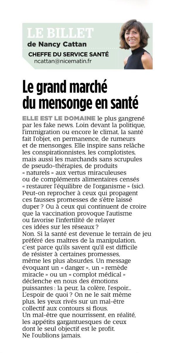 Très bon édito de <a href="/CattanNancy/">Nancy Cattan</a> dans <a href="/Nice_Matin/">Nice-Matin</a> 

Oui la médecine est gangrénée par la désinformation et le complotisme 

La santé en général