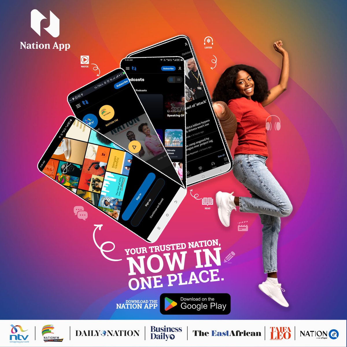 ntvkenya's tweet photo. All your favourite Nation brands NTV, Nation FM, Daily Nation, Business Daily, The EastAfrican — now live in one place.
One Nation. One App. One Login.
Experience Your Trusted Nation anytime, anywhere.
Download now: https://t.co/DEqvbRCDKx
#OneNationOneApp #YourTrustedNation https://t.co/tixou14WLm