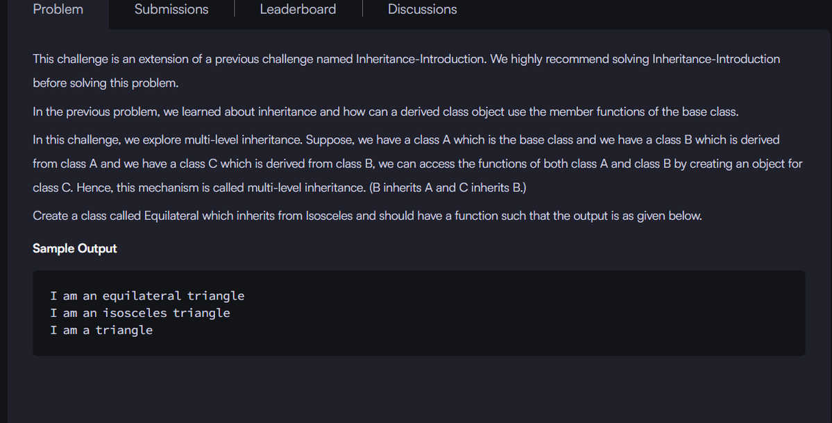 nivedita_s0001's tweet image. #Day37 of #150DaysLevelUp with @siamjuit 
Problem : Multi Level Inheritance
#hackerrank #CodingChallenge #ProblemSolving