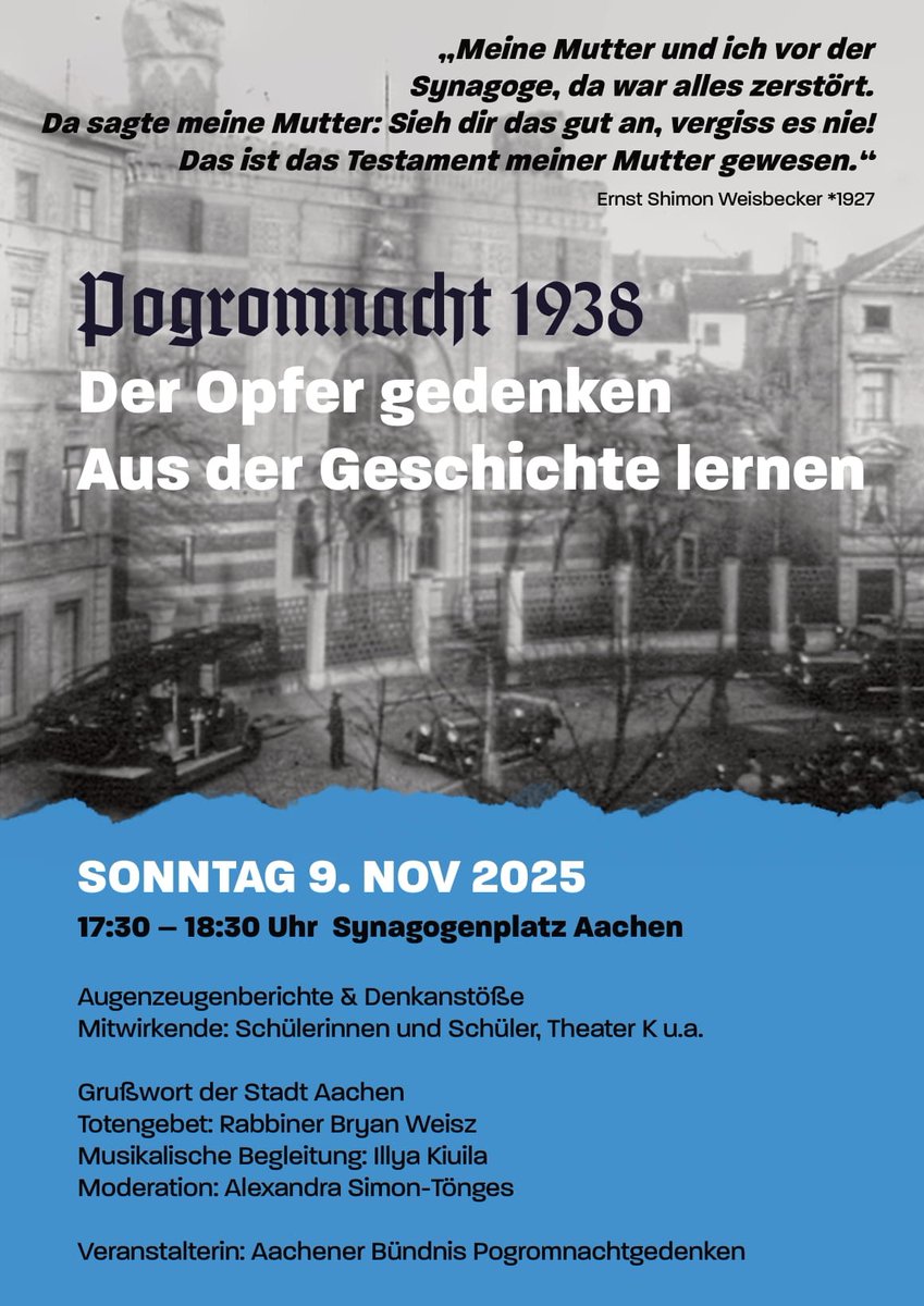 #Pogromnacht 1938: Der Opfer gedenken - aus der Geschichte lernen.

Heute, 17.30 - 18.30 Uhr Synagogenplatz #Aachen