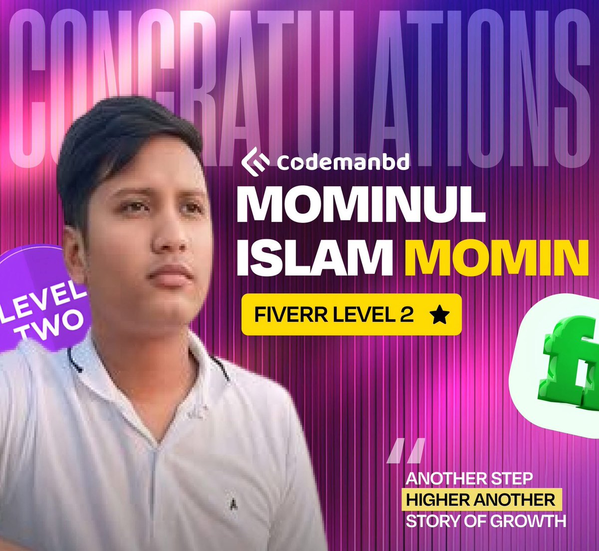 codemanbd's tweet image. শুভকামনা রইল Mominul Islam Momin ফাইভার মার্কেটপ্লেসে লেভেল ২ ব্যাজ অর্জনের জন্য ❤️ #StudentSuccess #CodemanBD