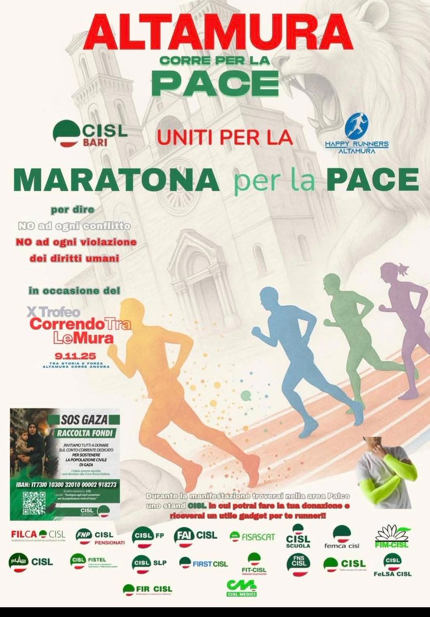 __giorgiaFiore's tweet photo. 🏃‍♀️ La #MaratonaPerLaPace oggi fa tappa ad Altamura per la X edizione del Trofeo “Correndo tra le Mura”. 💚🏳️‍🌈

Lo sport unisce e vince sempre!🌍💚

 #SosGaza #CISLBari #FilcaCISLBari #HappyRunnersAltamura https://t.co/srZpguSvR0
