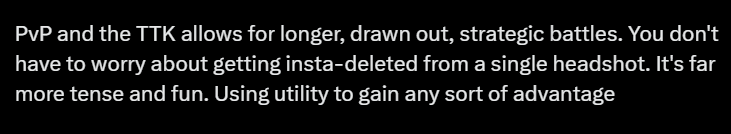 Creo que está jugando a un Arc Raiders diferente al que juego yo. Porque que me digas que tiene un TTK bueno que te permite batallas más largas y estratégicas, es  estar en dr***s.
Con el Yunque te matan de 2 tiros en 2-3 segundos.
El que dispara primero gana el 95% del tiempo 🤣