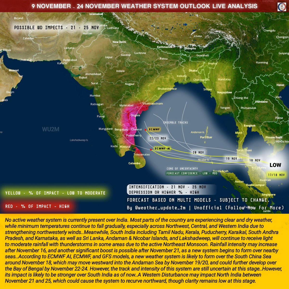 WeatherUpdate2m's tweet image. New Cyclone Brewing? 🌧️ Heavy Rains Likely for South India After Nov 16 &amp;amp; 🌞 Clear Skies for Rest of India  | Western Disturbance May Impact North by Nov 21-25, Track Intensity Unclear Check 👇🏻👇🏻

#Cyclone #senyar #rain #WeatherUpdate #GraffxGULF #patlama #더블유 #wu2m #WINTER