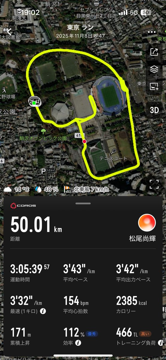 matsu243ch's tweet photo. 駒沢公園 50km走 3'05"39 ave3'43/km

サロマ湖100kmでの3位入賞に向けて、
毎月50km走を敢行します！
水曜の1000m×8、前日の120分jogという疲労が残る中での行いました。
45km以降、お尻の疲労とエネルギー不足で、最後の5kmは20分かかりました💦

来月は12月21日、聖地で頑張ります💪 https://t.co/quci8YCVsa