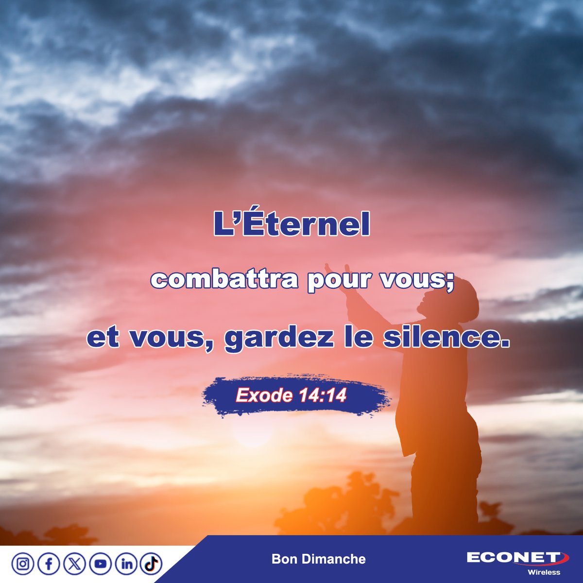💙 Econet Wireless Burundi vous souhaite un Dimanche béni! 💙

Dieu combat vos batailles, gardez confiance et demeurez en paix. 🙏✨

« L’Éternel combattra pour vous; et vous, gardez le silence. » Exode 14:14

#DimancheBéni 
#FoiEtPaix 💫