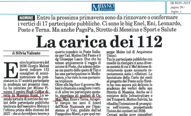 Partecipate Statali, nomine 2026. Anticipazione VIII Rapporto <a href="/ComarInfo/">Gruppo CoMar</a> 

<a href="/MEF_GOV/">MEF</a> <a href="/GruppoCDP/">Cassa Depositi e Prestiti</a> <a href="/EnelGroupIT/">Enel Group</a> <a href="/eni/">eni</a> <a href="/Leonardo_IT/">Leonardo</a> <a href="/PosteItaliane/">Poste Italiane</a> <a href="/TernaSpA/">TernaSpA</a> <a href="/MilanoFinanza/">MilanoFinanza</a>