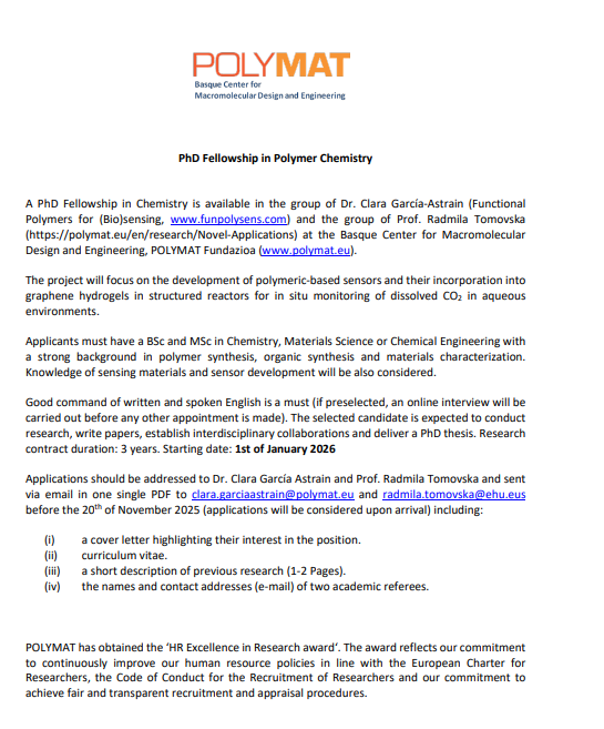 RSEQUIMICA's tweet image. 🔊PhD Fellowship in Polymer Chemistry
Basque Center for Macromolecular Design and Engineering, @POLYMAT Fundazioa 
🗓️ Fecha límite/Deadline: 20/11/2025
➡️acortar.link/zZ3z0v