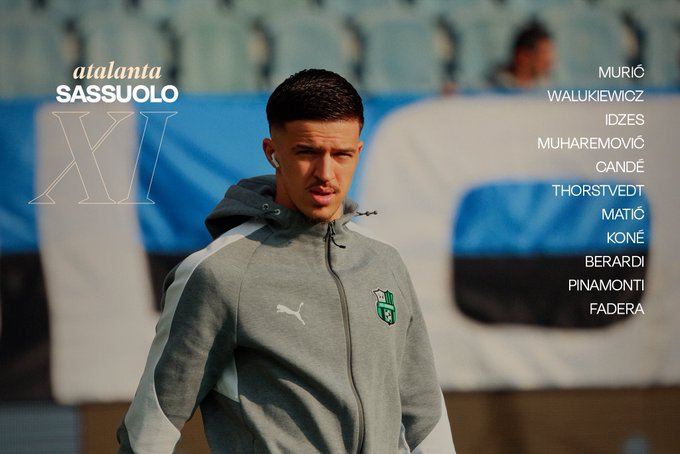Graphic overlay on a stadium background shows the text ATALANTA SASSUOLO and SASSUOLO XI in bold letters. A young male player with short dark hair wearing a gray Puma hoodie with green Sassuolo logo stands in the foreground looking serious. Player names listed include Muric, Toljan, Thorsby, Matric, Berardi, Pinamonti, Obiang, Boloca, Maxime Lopez, and others in white text on blue background.