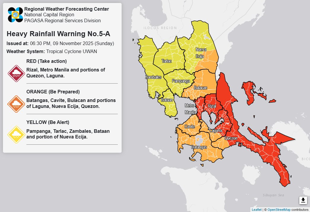 dost_pagasa's tweet image. Heavy Rainfall Warning No. 5-A #NCR_PRSD
Weather System: Tropical Cyclone UWAN
Issued at: 6:30 PM, 09 November 2025(Sunday)

RED WARNING LEVEL: Rizal, Metro Manila, Quezon(Panukulan, Burdeos, Polillo, Jomalig, Patnanungan, General Nakar, Tayabas, Infanta, Lucban, Lucena, Mauban,…