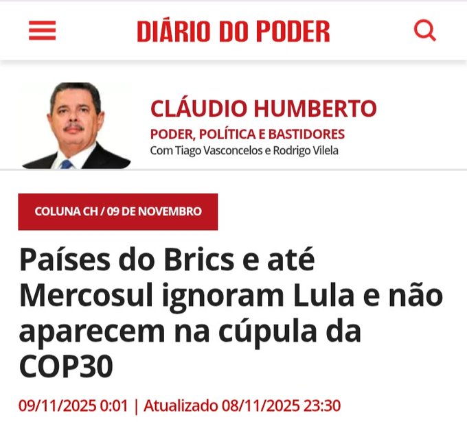 Screenshot of a news article from Diario do Poder featuring a profile photo of Claudio Humberto, a journalist in a suit with mustache, alongside text discussing BRICS and Mercosul countries ignoring Lula and not attending the COP30 summit. Red header with publication date November 9, 2025, and column details. Article body in Portuguese with political commentary on diplomatic absences.