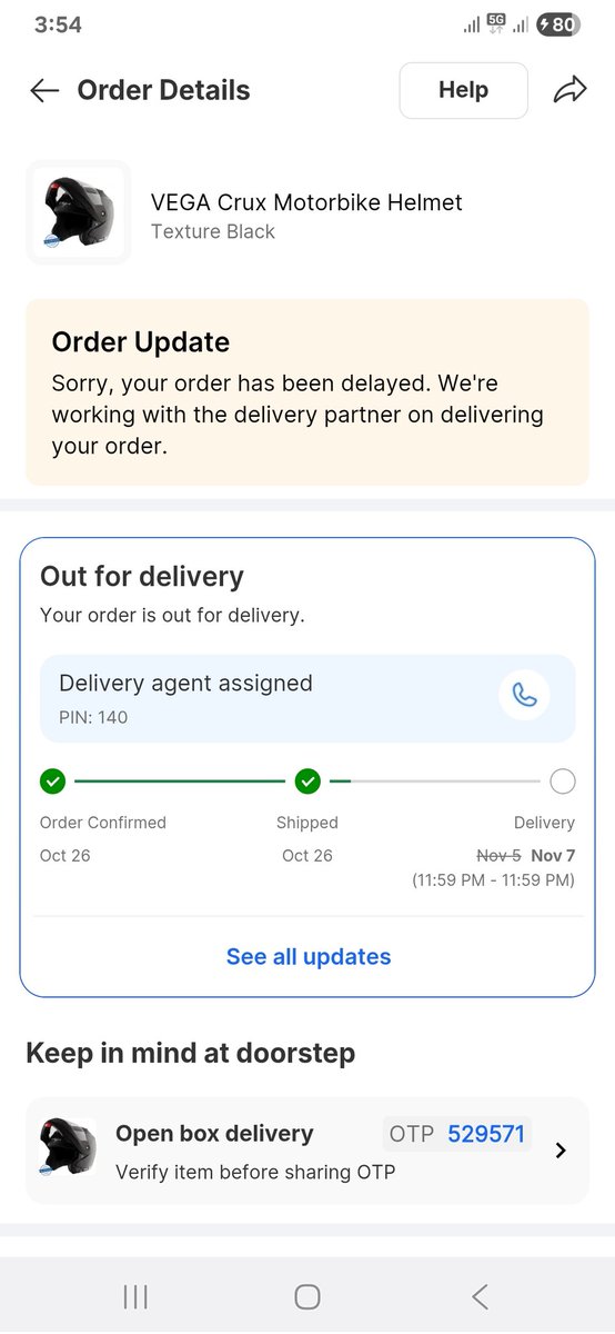 PiyushG20154512's tweet image. Hey @flipkartsupport,
@_sachinbansal i ordered a Vega Crux Helmet on 26 Oct (paid). Delivery was due 5 Nov, still not received! It’s been showing Out for delivery for 3 days &amp;amp; date still stuck on 7 Nov 😞 Really disappointed with this delay. #Flipkart #PoorService #Flipkart