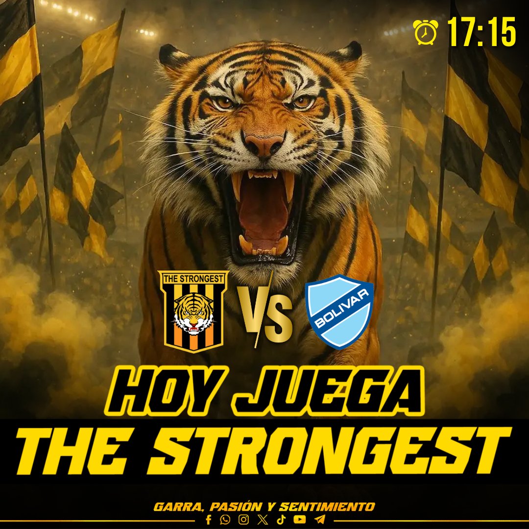 ⚫🟡 ¡HOY JUEGA EL TIGRE! 🟡⚫ 
#TheStrongest 🆚 #Bolívar 
🗓️ Domingo, 9 de noviembre 
🕒 17:15
🏟 Estadio Hernando Siles 
📺 ENTEL
