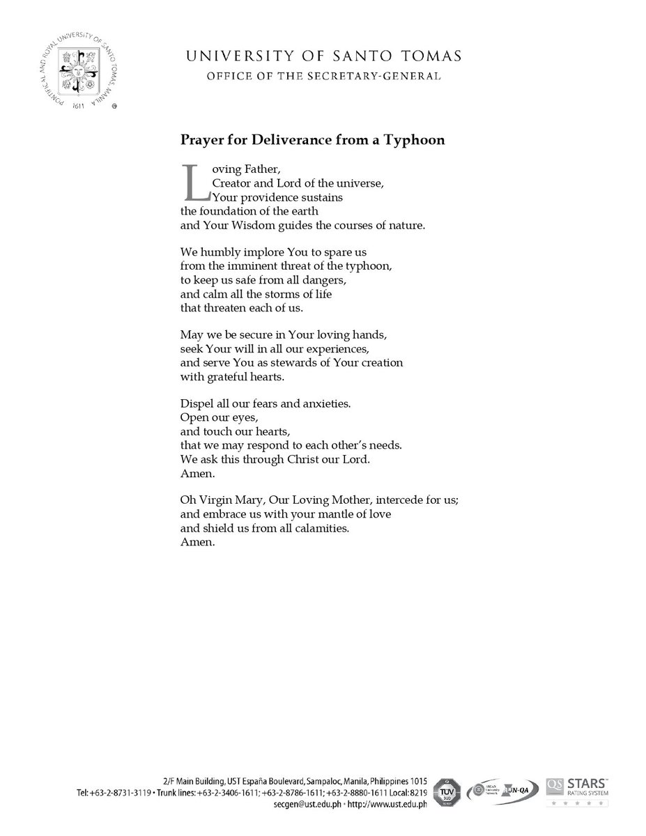 UST CALLS FOR PRAYER FOR PROTECTION, SAFETY AMID SUPER TYPHOON “UWAN”

READ: The University urges the Thomasian community to pray for protection and safety amid the anticipated impact of Super Typhoon “Uwan.” 

In a memorandum, UST issues the Prayer for Deliverance from a Typhoon