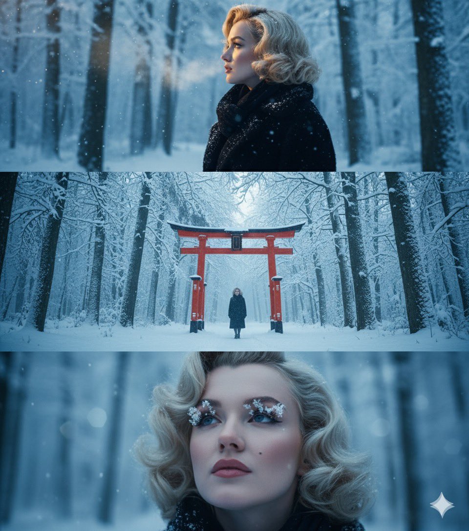 YaseenK7212's tweet image. Gemini 2.5 Nano Banana 

Prompt:  A Three connected frames depicting a cinematic winter scene.
•Top frame: side profile of a young women standing in a snowy forest, his breath visible in the cold air, wearing a dark winter coat and scarf. The soft morning light highlights his…